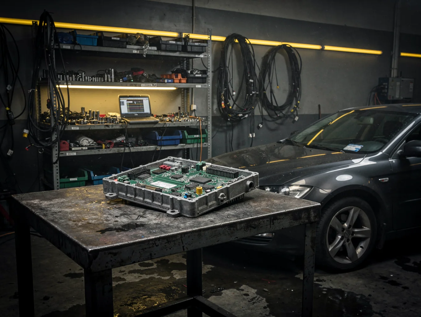 Werkbank im Vordergrund mit offenem Steuergerät auf einem Auto, Werkstatt im Hintergrund